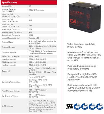 CSB HRL12200W 12V 200W High Rate Long Life UPS VRLA Battery