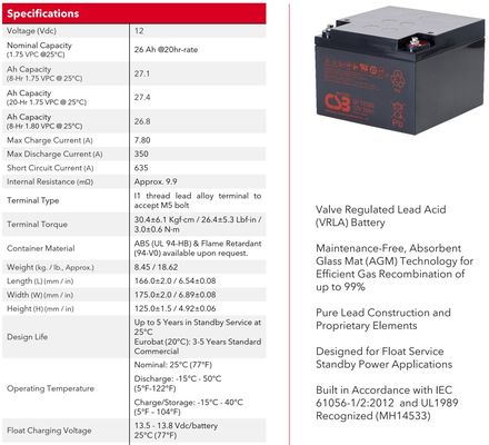 CSB GP12260 12V 26Ah Energy Storage Maintenance Free Rechargeable VRLA 12V 26Ah CSB AGM Battery